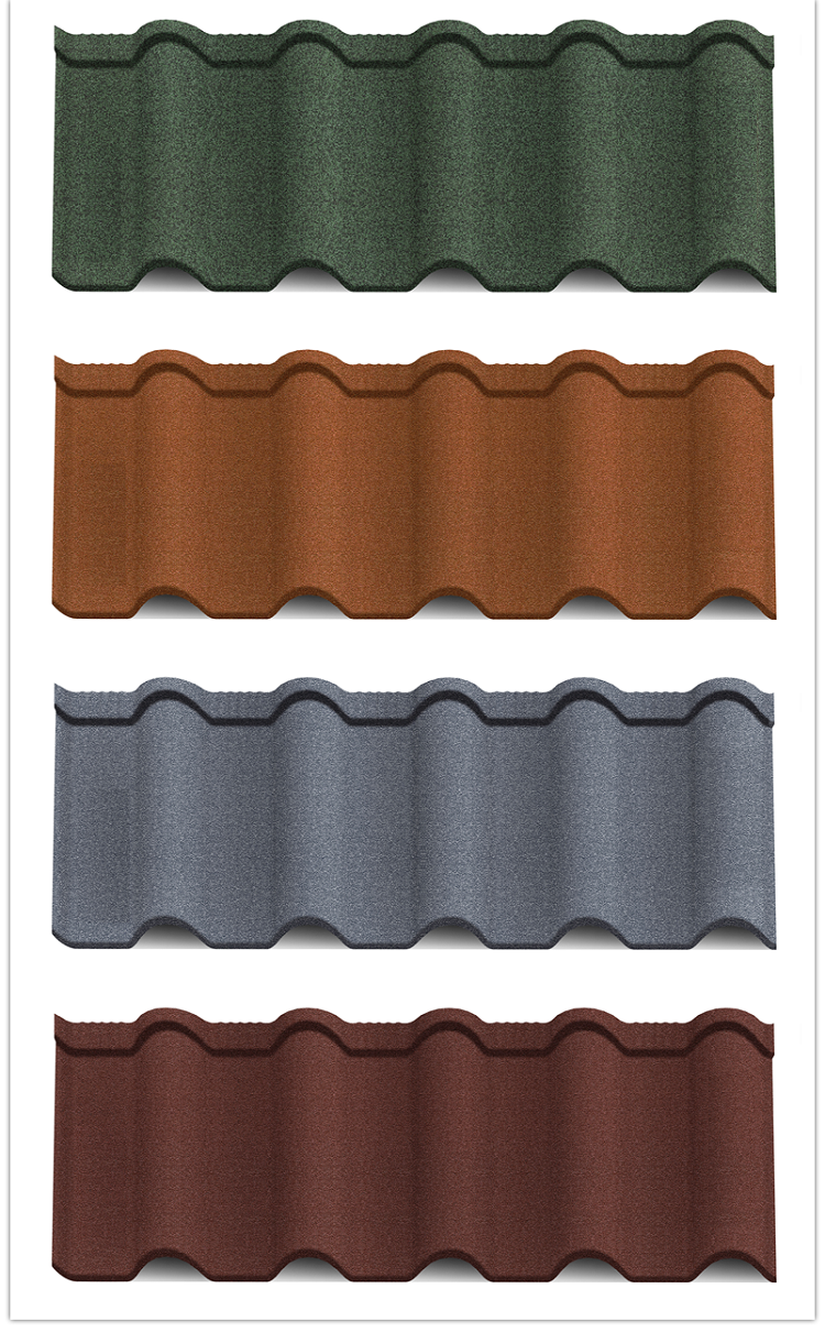 Teja romana recubierta de piedra resistente a la intemperie europea techo de metal de 1250 x 420 mm para villas